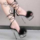 Women's Sandals 2023 Summer New Waterproof Platform Transparent Fur High Heels Cross Straps Thin Heel Pole Dance