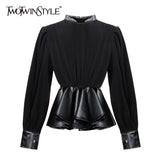 Black Casual Patchwork Ruffle Shirts Female Stand Collar Long Sleeve Korean Slim Fashion Woman Blouses 2021