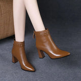 Pointed Toe High Heels Ankle Boots for Women Brown Pu Leather Zipper Short Boots Woman Autumn Thick Heel
