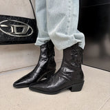 Pointed Western Cowboy Boots Nude Boots North American Wrinkled Leather V Thick Heel Short Boots After