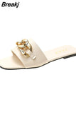 Fashion Metal Chain Summer Mules for Women Square Head Slip on Flip Flops Slides Slipper Women's Sandal Flat Shoes