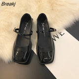 Flat Shoes Women Leather Shoes Square Toe Spring Autumn Single Shoes Mary Jane Black