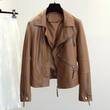Spring Autumn Vintage Faux Leather Jacket Women Brown Moto Biker Leather Coats Casual Street Wear Zipper PU Basic