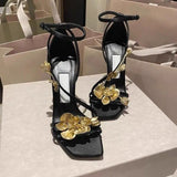 Dew Toe Square Head Metal Flower Decoration Flowers High Heel Fine Heel One Word Button Water Diamond