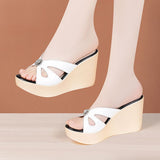 Slope Heel Slippers Women Summer 2024 Muffin Thick Soles Wear One-Word Flip-Flops Large Size Slippers Wear Fashionable Lacquered Leather