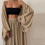 3 Piece Sets Homewear Fashion Casual Lantern Sleeve Cardigan Tops+Wide Leg Pants Suits Lady Spring Soft Three Piece