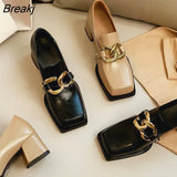 American Retro Square Toe Single Shoes Women's 2023 Thick Heel Metal Buckle Leather Shoes Leather All-match Women