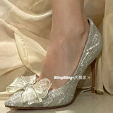 Breakj High Heels Female Sheel Fairy Style French Dress Bridesmaid Gold Wedding Shoes Tip Light Bow Single