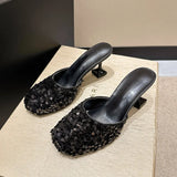 Slippers Female 2023 Summer Show Sequins Round Head Thin With High With Baotou Back Fashion Casual Half