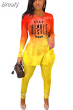 Gradient Letter Print Casual Sets Women Long Sleeve Side Slit Top+Legging Pants Outfits Autumn Loose Fashion 2pcs