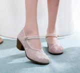 Breakj Heel High Heels Single Shoes Ethnic Style Embroidered Cloth Shoes Retro One Word With Thick Heel Solid Color Women's
