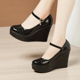 Heel High Heel Buckle Spring Single Shoes 2023 New Thick-Soled Waterproof Platform Walking Shoes Lacquered Leather Shallow-Mouth Work