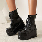 Female Motorcycle Boots Goth Brand Women Motorcycle Boots Round Toe Lace Up Thick Heel Wedges Platform Punk