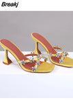Strap Rhinestone Flower Sandals Ladies Runway Slippers Summer Sexy Designer High Heel Mules Shoes Women Party Dress