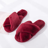Winter Women House Slippers Faux Fur Fashion Cross Warm Shoes Woman Flats Female Open Toes Slides Pink Cozy Furry