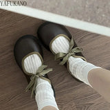 Shallow Mouth Brown Round Head Flat Bottom Single Shoes Women Vintage Mary Jane Shoes Lace-up Casual Student