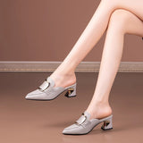 Breakj Side Buckle Coarse Heel Baotou Cool Slippers Lady Wears Fashion Slippers Heel Sandals Half-Dragging