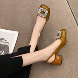 New Baotou Sandals French Style Retro Square Head Water Diamond Buckle After Empty Thick Heel Temperament Fairy Wind