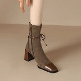 Breakj Temperament Style ~ New Square Head Thousand Bird Martin Boots Female 2023 Autumn Bow Thick High Heel Ankle
