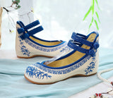 Breakj And White Porcelain Embroidered Cloth Shoes, Spring And Autumn Women's Single Shoes, Casual Double Plate Buckle Retro Shallow