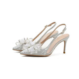 Closed Sandals for Women Thin Heels Ladies Shoes Stiletto Summer 2023 Diamond Bow Silver Rhinestones Pointed Toe