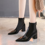 New 2024 Korean Version Of Fashion Pointed Rear Zipper High Heel Ankle Boots Thick Heel Fashion Women's Martin