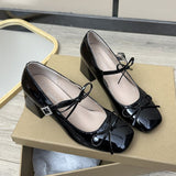 Breakj Wind Square Shallow Bow Bow Small Leather Shoes Women's Net Red Explosive Fashion Temperament Trend Coarse Heel Increase Single