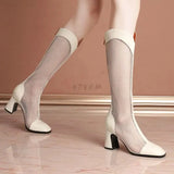 Hollow Breathable Women Mesh Boots Fashion Zipper Square High Heel Knee High Boots Spring Summer Pointed Toe Lady