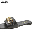 Fashion Metal Chain Summer Mules for Women Square Head Slip on Flip Flops Slides Slipper Women's Sandal Flat Shoes
