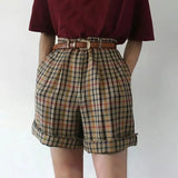 New Fashion Women Striped Plaid Print Curly Short Pants Casual Buttons Streetwear Cool Girl Elegant Sweet Shorts(no