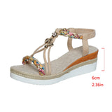 Breakj And Summer New Round Head Flat Bottom Heel Sandals Women Weaving Beads Toe Bohemian Thick-Soled Beach