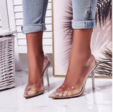 Fashion PVC Woman Transparent Sandals Thin High Heels Shoes Pointed Toe Pumps Slip on Solid Apricot 2020