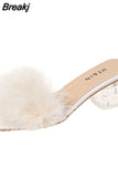 Fluffy Peep Toe Sexy High Heels Women Shoes Fur Feather Lady Fashion Wedding Slip-On Pink Square Sandals Tacones