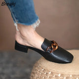2023 Fashion One-word Flip-flops Metal Buckle Medium Thick Heel Toe Sandals Ladies Outer Wear Square Toe Mules 34-40