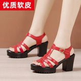 Summer New Thick-Soled Sandals, Women's Leather Waterproof Platform, High Heels, Thick Heels, Red Full-Size Fish Mouth