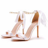 Breakj Fish Mouth High Heel Beaded Sandals Beautiful Ribbon Satin Cloth High Heels High Heels Wedding Dress Wedding Dress Bridal