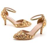 Breakj Cm Large-Size Sandals Fine Heel Head Water Drill High Heel Sandals Gold Water Drill High Heels Wedding
