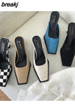Weave Slippers Women High Heel Square Toe Shallow Mule Outdoor Slide Fashion Black White Plaid Flip Flops Zapatillas