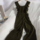 Spring New Arrival Women Casual Solid Jumpsuit Office Lady Sleeveless Ruffle Sexy Top Long Wide Leg Pants