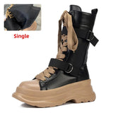 Platform Motorcycle Boots Women Autumn Winter PU Leather Mid Calf Boots Woman Punk Thick Bottom Combat Botas Mujer