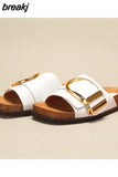 Size 35-39 Flats Sandals Women Leather Retro Low Heels Shoes For Women Summer 2023 Buckle Open Toe Slippers Home