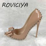 nude 12cm extreme high heels women shoes with bow rivets black red pointed toe shallow women pumps plus size MD002