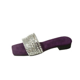 Women's Rhinestone Flat Slide Sandals, Glitter Square Open Toe Non Slip Shoes, Outdoor Beach