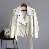 New Autumn Pu Motorcycle Faux Soft Leather Women Jacket Coat Turn-down Collar Long Sleeve Epaule Female Loose Short