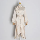 Asymmetrical Lace Up Dress Female Stand Collar Flare Sleeve High Waist Hollow Out Midi Dress Women 2022 Fashion