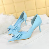 Breakj Korean Version Pedicure Slim And Sweet Women's Shoes Thin Heel High Heel Shallow Tip Side Hollow Bow Single