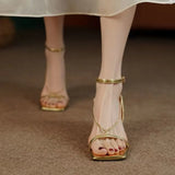 women's Sandals high Heeled Stiletto heel Shoes for 2023 Luxury Brand Copy Sexy Dance Party Square Toe gold elegant medium