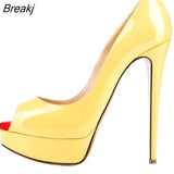 New Women Pumps Sexy Platform Peep Toe 14cm Extremely High Heels Stiletto Patent Leather Party Nighclub Red Wedding