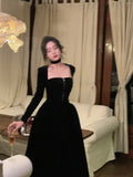 Vintage Velvet Midi Dress Woman Black Elegant Evening Party Dress Casual One Piece Dress Korean Fashion 2023 Autumn
