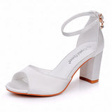 Breakj Cm Fish Mouth High-Heeled Sandals Shallow Mouth Buckle With Large-Size Round-Head High Heel Bridal Wedding Silk Satin Cloth Coarse